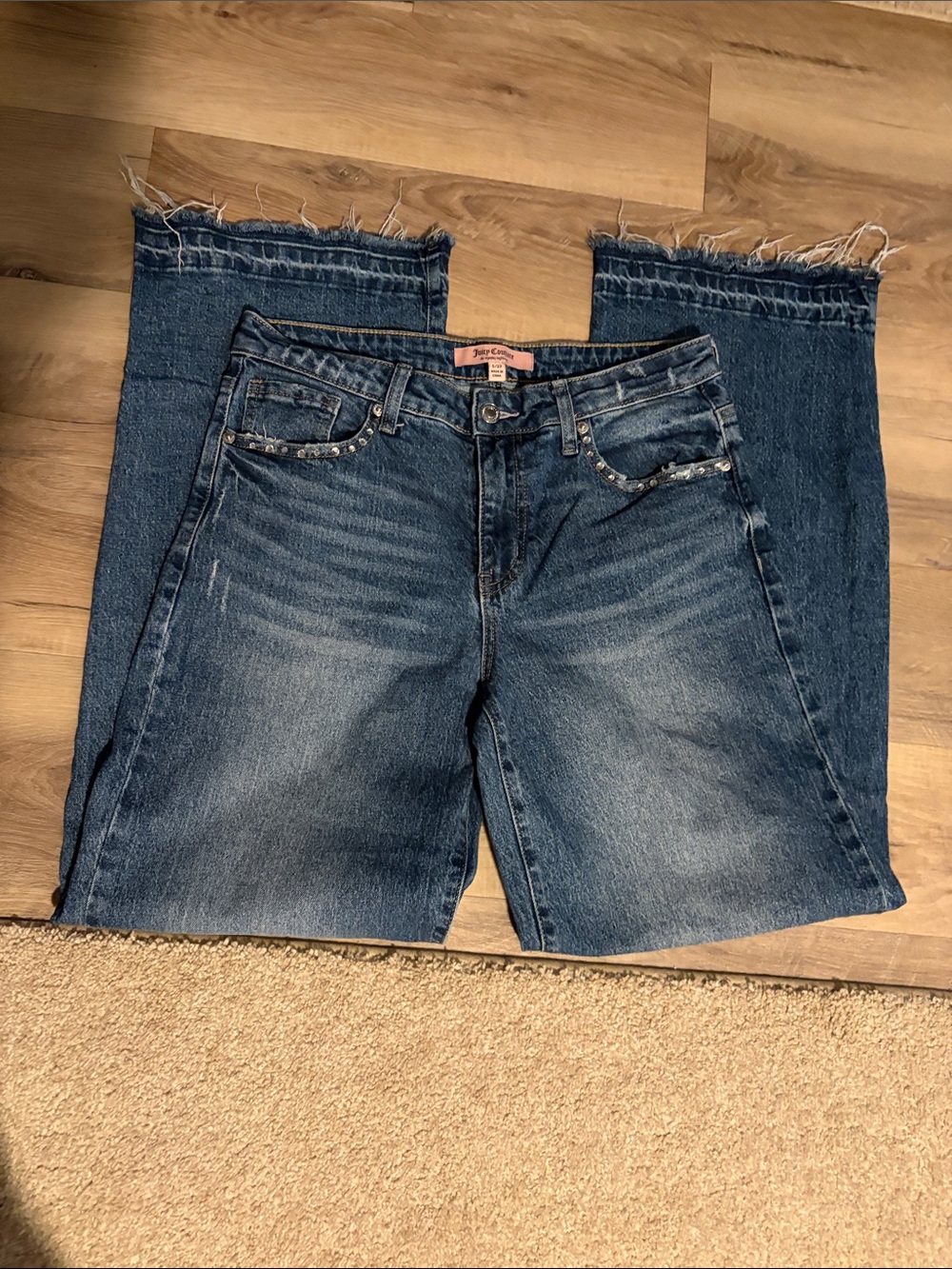 Juicy Couture Rhinestone Pocket Wide Leg Jeans Size 5/27 Baggy Y2K Raw Hem
